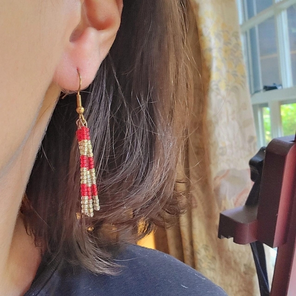 Vintage Bohemian Red & Gold Beaded Drop Earrings - Picture 4 of 8